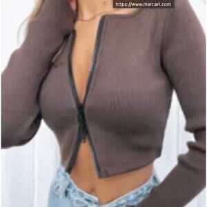 White Fox | The Real Thing Brown Ribbed Double Zipper Cropped Sweater | Medium